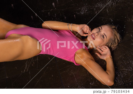 Wet woman face with water drop. Moisturizing. 79103434