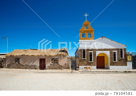 Small church in village of Colchani in Bolivia. Colchani is a tiny town situated on the edge of the salt flat Salar de Uyuni - South America 79104581