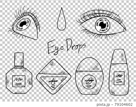 Black and white handwritten illustration image of eyes and eye drops Black and white handwritten illustration image of eyes and eye drops 79104602
