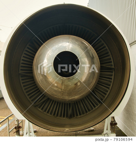 Rear view of the jet engine of a passenger aircraft, close-up view 79106594
