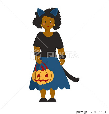Woman in Halloweeen cat costume with a pumpkin Cartoon illustration 79106621