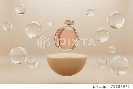 Perfume glass bottle on golden podium with soap water bubbles mock up banner, beauty skin care cosmetics tube on abstract geometric stage, product ad on showroom platform. Realistic 3d illustration 79107970