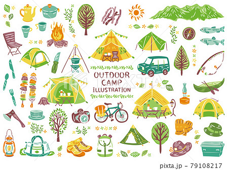 アウトドアレジャー キャンプ バーベキュー アイコン イラストセット アウトドアレジャー キャンプ バーベキュー アイコン イラストセット 79108217