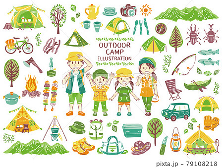 夏のアウトドアレジャー キャンプ バーベキュー 家族 アイコン イラストセットのイラスト素材