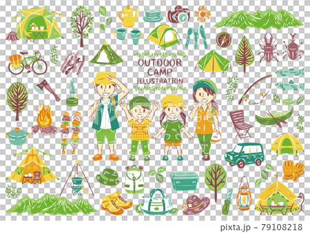 夏のアウトドアレジャー　キャンプ　バーベキュー　家族　アイコン　イラストセット 79108218