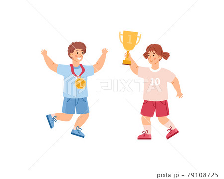 Boy and girl champions with gold cup and medal flat vector illustration isolated. Boy and girl champions with gold cup and medal flat vector illustration isolated. 79108725