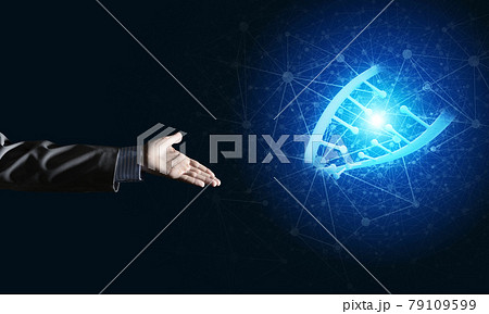 Science medicine and technology concepts as DNA molecule on dark background with connection lines Science medicine and technology concepts as DNA molecule on dark background with connection lines 79109599