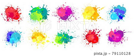 Paint splatter. Colorful spray paints splashes, rainbow colored ink stains, drops, blot. Abstract grunge color painted stains vector set Paint splatter. Colorful spray paints splashes, rainbow colored ink stains, drops, blot. Abstract grunge color painted stains vector set 79110128