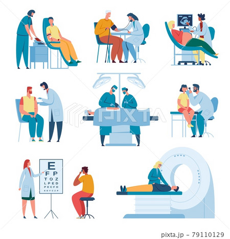 Medical staff and patients. Vaccination, ultrasound diagnostics, surgery operation. Doctor or nurse examining patient in hospital vector set 79110129