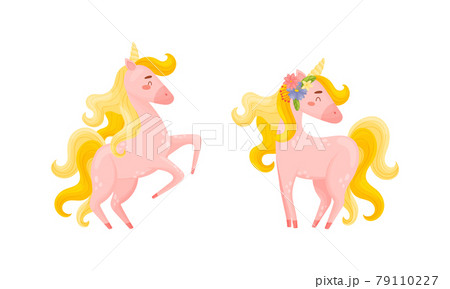 Pink Unicorn with Slender Legs and Golden Mane Vector Set 79110227