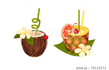 Exotic Cocktails with Straw Poured in Pineapple and Coconut Fruit Vector Set Exotic Cocktails with Straw Poured in Pineapple and Coconut Fruit Vector Set 79110272