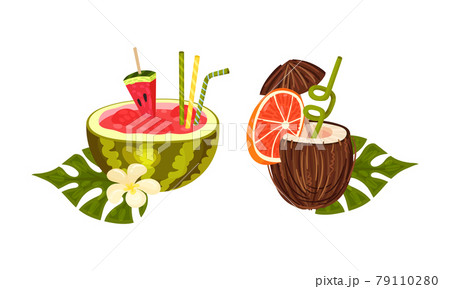 Exotic Cocktails with Straw and Umbrella Poured in Coconut and Watermelon Fruit Vector Set Exotic Cocktails with Straw and Umbrella Poured in Coconut and Watermelon Fruit Vector Set 79110280