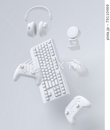 Flying gamer gears like mouse, keyboard, joystick, headset, VR, web camera 79110469