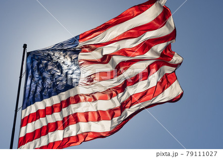 Backlit American Flag Waving In Wind Against a Deep Blue Sky Backlit American Flag Waving In Wind Against a Deep Blue Sky 79111027