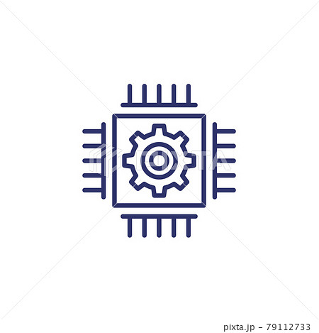 chip, microchip line icon with a gear 79112733