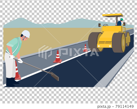 土木建設工事の現場で道路工事の作業を行う土木作業員男性のベクターイラスト 79114149