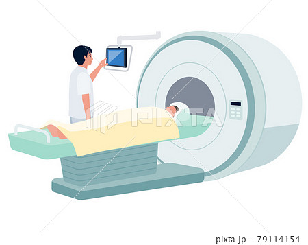 医療用機器 Mri 検査を行う男性医師と寝台に横たわる患者のベクターイラストのイラスト素材