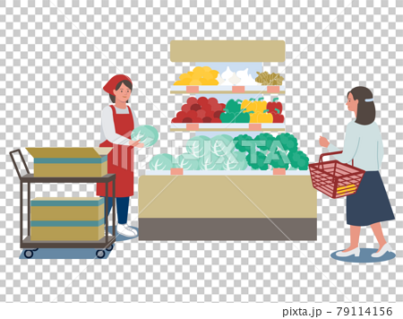 スーパーマーケットでキャベツの品出しをする店員と野菜売り場で買い物をする女性客のベクターイラストのイラスト素材