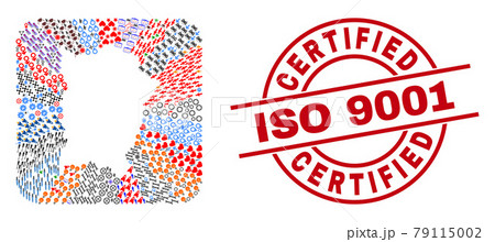 Certified Iso 9001 Stamp and Penang Island Map Hole Mosaic 79115002