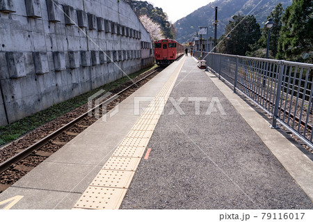 兵庫県香美町にある余部橋梁の線路と餘部駅のプラットホーム 79116017