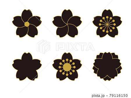 黒と金の桜の花のイラストセット 和風の花のデザイン 和文様のイラスト素材