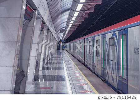 Moscow, Russia - May 30, 2021: Interior of Savyolovskaya metro station. Moscow, Russia - May 30, 2021: Interior of Savyolovskaya metro station. 79116428