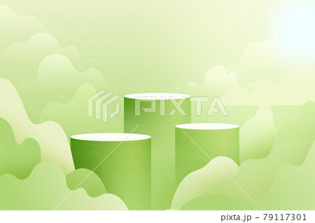 3d Paper cut abstract minimal geometric shape template background.Green cylinder podium on green nature landscape scene with mountains and clouds.Vector illustration. 79117301