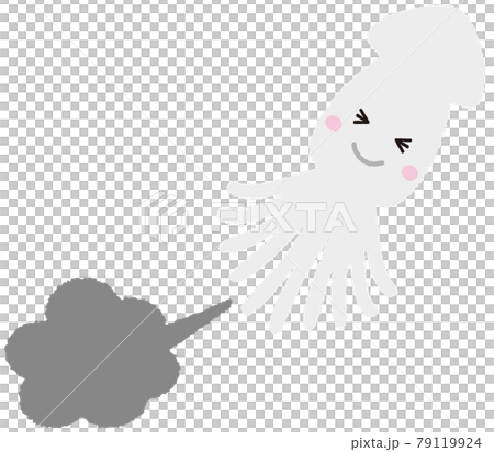 Illustration of a cute squid character spewing ink in a hand-drawn style 79119924