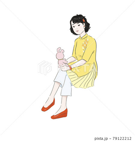 座っている黄色の服の女性のイラスト素材