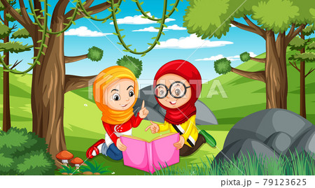 Muslim kids wears traditional clothes reading a book in the forest scene Muslim kids wears traditional clothes reading a book in the forest scene 79123625