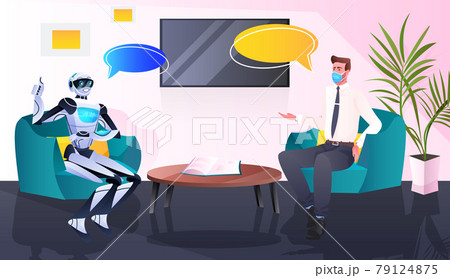 businessman in mask and robot discussing during meeting partnership chat bubble communication artificial intelligence 79124875