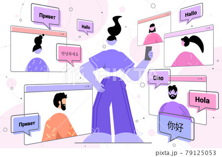 people using mobile translation application multilingual greeting international online communication 79125053