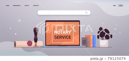 notary service banner with legacy stamp sealed document legal trust and public pen near laptop 79125074
