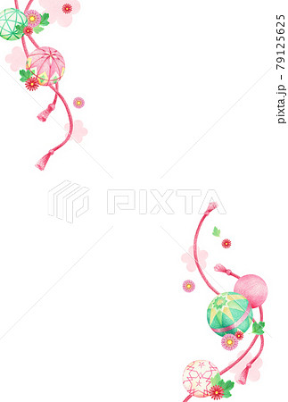 てまりと花の和風背景　縦　手描き色鉛筆画 79125625