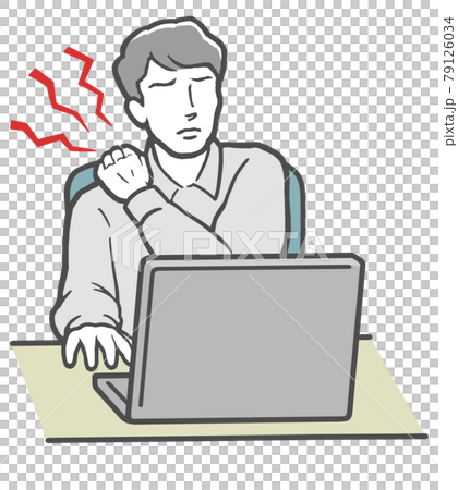 A young man with stiff shoulders working on a computer A young man with stiff shoulders working on a computer 79126034