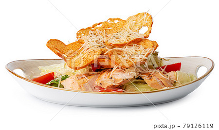 Caesar salad with grilled chicken on white wooden background Caesar salad with grilled chicken on white wooden background 79126119