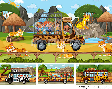 Different safari scenes with animals and kids... - Stock Illustration  [79126230] - PIXTA