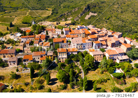 Aerial view of small french village Cucugnan 79126467