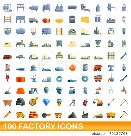 100 factory icons set, cartoon style 79126763