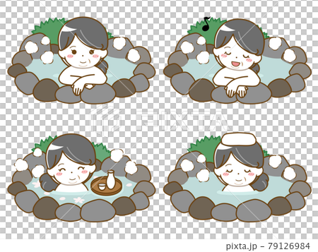 楽しく温泉に入る太った中年女性のイラスト素材