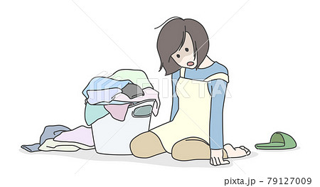 山積みの洗濯物と家事に疲れ、ぐったりする女性・主婦のイメージイラスト 79127009