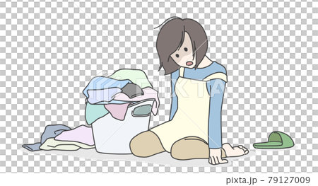 山積みの洗濯物と家事に疲れ、ぐったりする女性・主婦のイメージイラスト 79127009