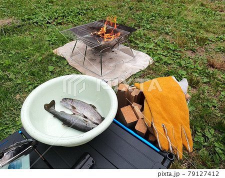 ファミリーキャンプ:釣った魚を焼いて食べる ファミリーキャンプ:釣った魚を焼いて食べる 79127412