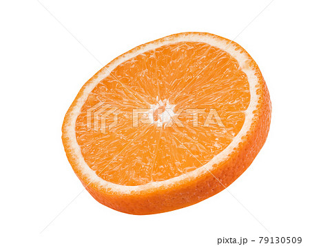 Round slice of a ripe orange isolated on white background with copy space for text or images. Fruit with juicy flesh. Side view. Close-up shot. 79130509
