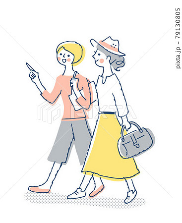 笑顔で歩く2人の女性のイラスト素材