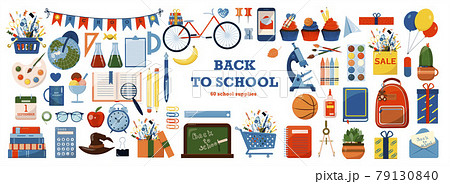 Back to school. Big vector set. Stationery for school, university and office. Cartoon school supplies. A set of colored icons. Flat illustrations for elementary school. Bright cut out cliparts 79130840
