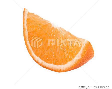Slice of a ripe orange isolated on white background with copy space for text or images. Fruit with juicy flesh. Side view. Close-up shot. 79130977