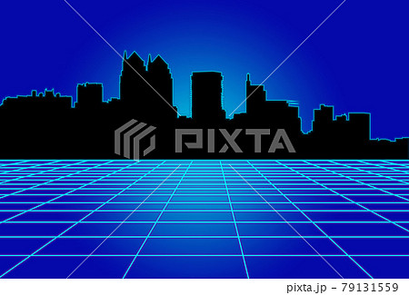 80s style sci-fi, blue background with black city landscape. futuristic illustration or poster template. Synthwave banner. 79131559