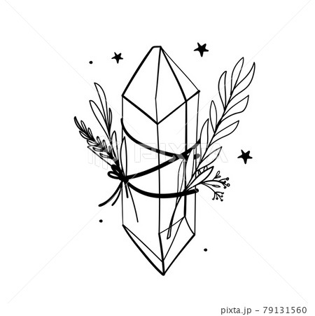 Crystal icon with branches and stars, line hand drawing, bohemian tattoo for witch, gem, sketch boho illustration isolated on white background. 79131560