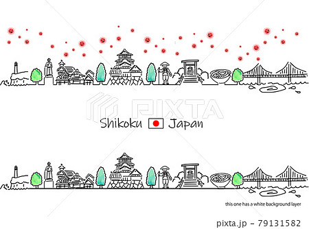 四国の街並みと新型コロナウイルスの線画セット 79131582